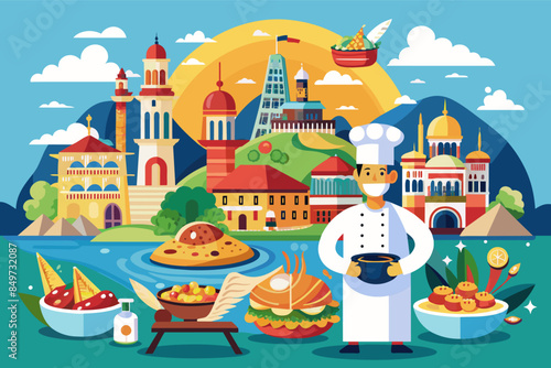 a chef is standing in front of a large city, culinary tour showcasing the diverse flavors and cuisinesa particular region or country
