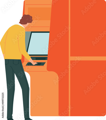 Man using ATM machine financial transactions. Male user withdraws cash electronic bank terminal. Person checking account balance automatic teller machine