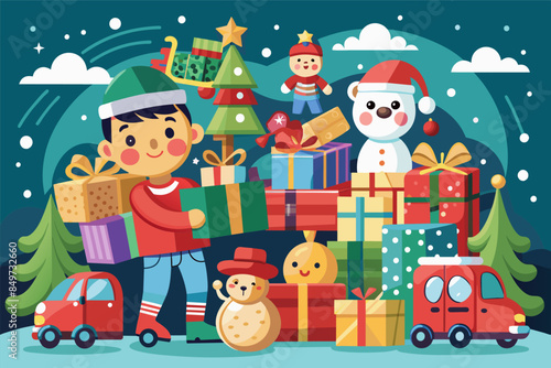 a group of children with presents and christmas trees, holiday toy drive collecting gifts for children in need during the festive season