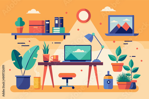 a desk with a laptop and a plant, minimalist vector illustration of a digital nomad workspace