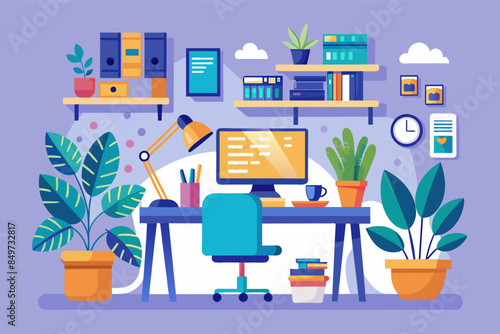 a desk with a computer, bookshelf, and a clock, modern workspace in flat design, complete with desk, computer, and plants