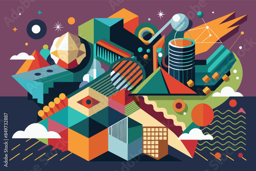 a colorful illustration of a city with buildings and other things, An abstract mixed-media artwork experimenting with unconventional materials
