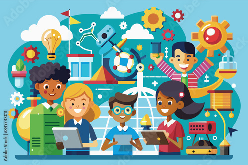 a group of children with science equipment, An after-school enrichment program focusing on STEAM (Science, Technology, Engineering, Arts, Mathematics) education