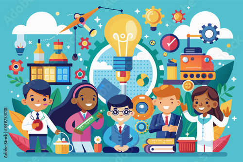 a group of children with science equipment, An after-school enrichment program focusing on STEAM (Science, Technology, Engineering, Arts, Mathematics) education