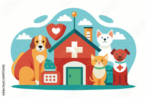 a group of dogs and cats in front of a house, An animal rescue organization providing shelter, medical care, and adoption services for homeless pets