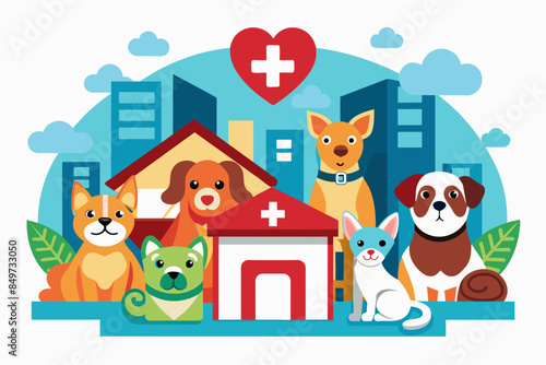 a group of dogs and cats in front of a house, An animal rescue organization providing shelter, medical care, and adoption services for homeless pets