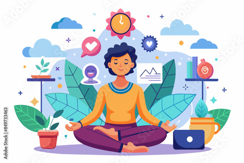 a woman sitting in a lotus position with her laptop and other office supplies, An infographic explaining the benefitsmindfulness and meditation in flat vector design