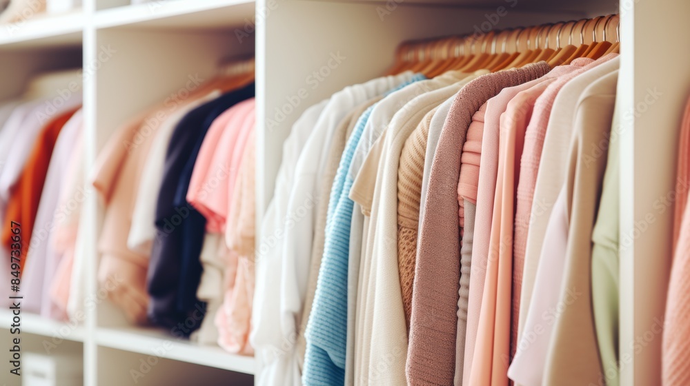 A closet with many different colored clothes on hangers, AI A closet with many different colored clothes on hangers, AI
