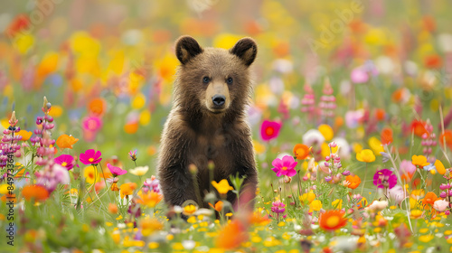 a young bear stands in the middle of a bright flower field 