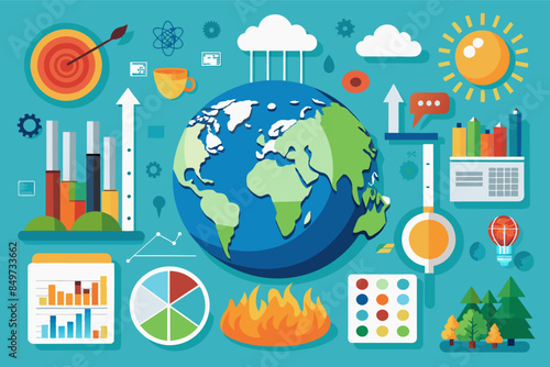 a flat design of a globe surrounded by various icons, An infographic presenting statistics on global warming and climate change in flat vector design