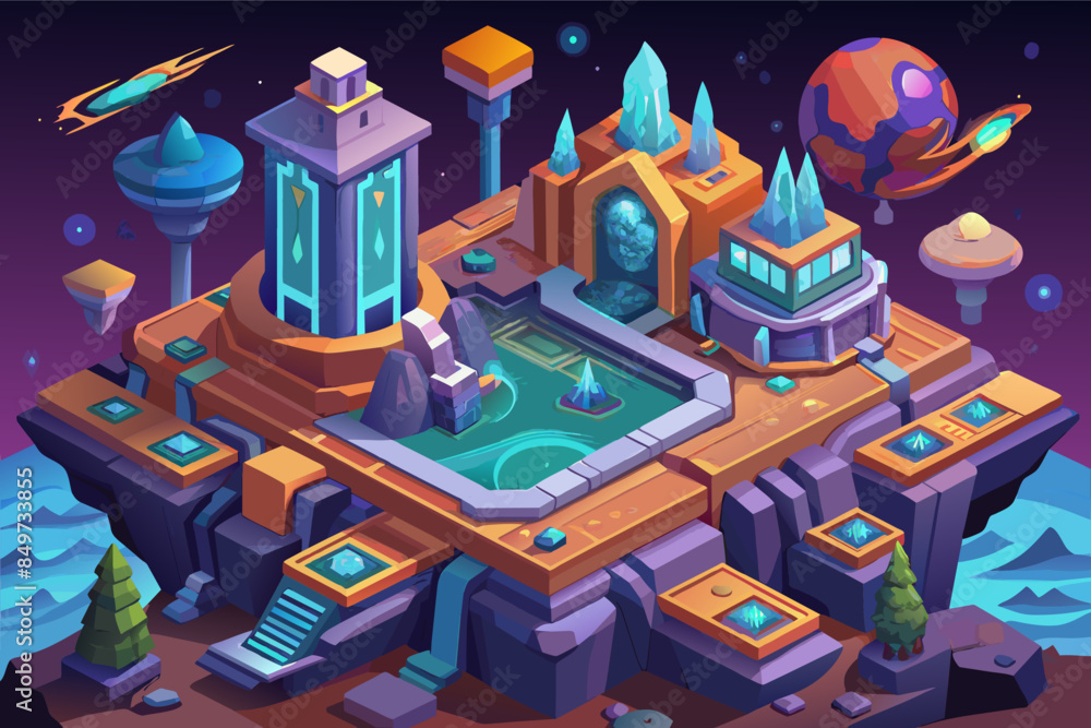 a small city with a fountain and a spaceship, An isometric concept art for a sci-fi or fantasy world a small city with a fountain and a spaceship, An isometric concept art for a sci-fi or fantasy world