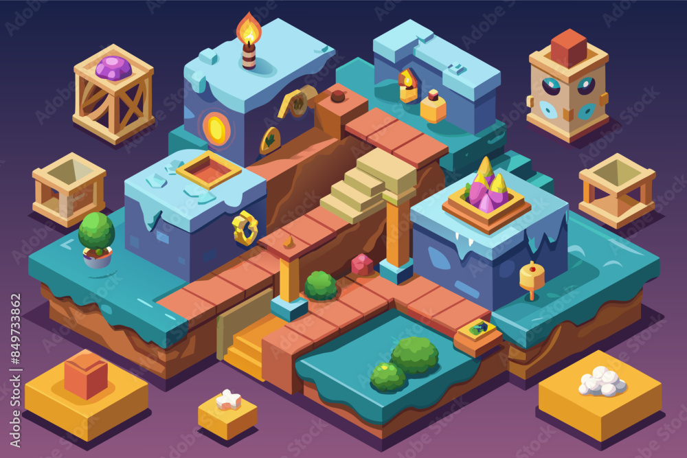 a game with a castle and a tower, An isometric game level featuring obstacles, puzzles, and treasures a game with a castle and a tower, An isometric game level featuring obstacles, puzzles, and treasures