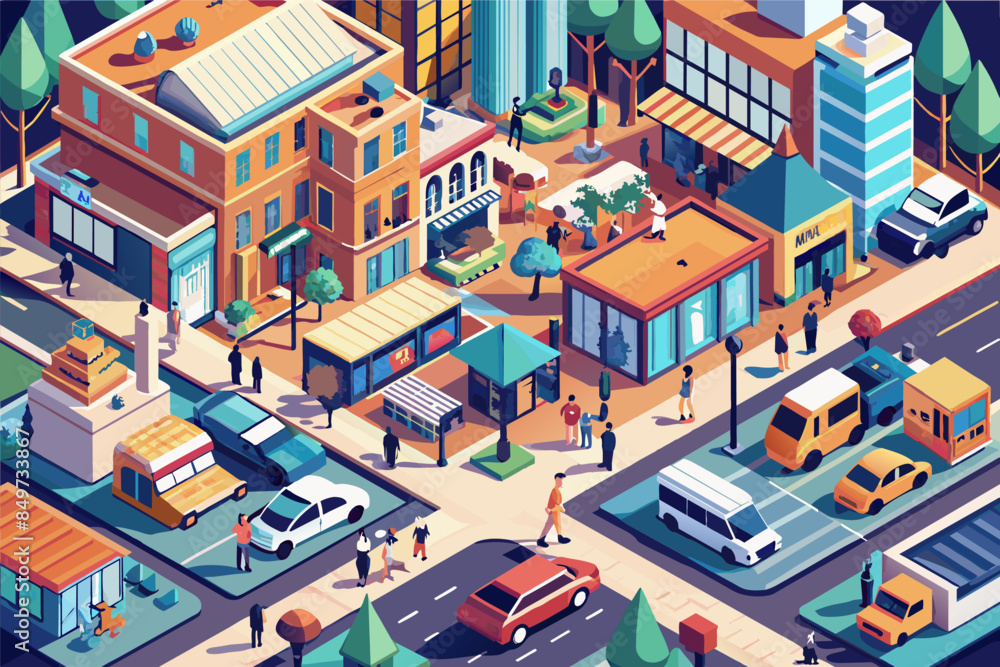 a city with cars, people and buildings, An isometric illustrationa bustling city street scene a city with cars, people and buildings, An isometric illustrationa bustling city street scene