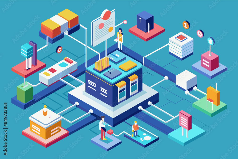 a blue background with a bunch of different objects, An isometric infographic illustrating a complex workflow or system a blue background with a bunch of different objects, An isometric infographic illustrating a complex workflow or system