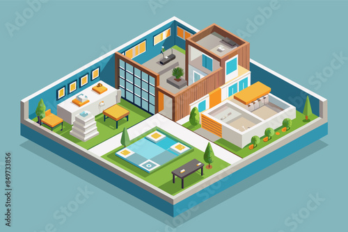 a house with a pool and a patio, An isometric floor plan showcasing the layouta building or interior space
