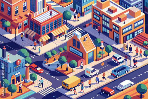 a city with cars, people and buildings, An isometric illustrationa bustling city street scene