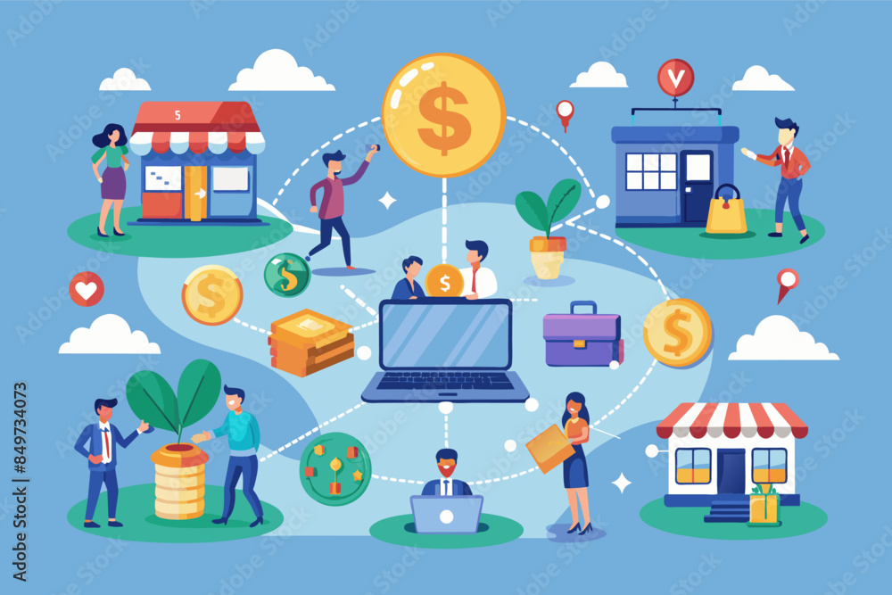 a group of people standing around a laptop with money and other items, An online marketplace connecting entrepreneurs with investors for funding opportunities a group of people standing around a laptop with money and other items, An online marketplace connecting entrepreneurs with investors for funding opportunities