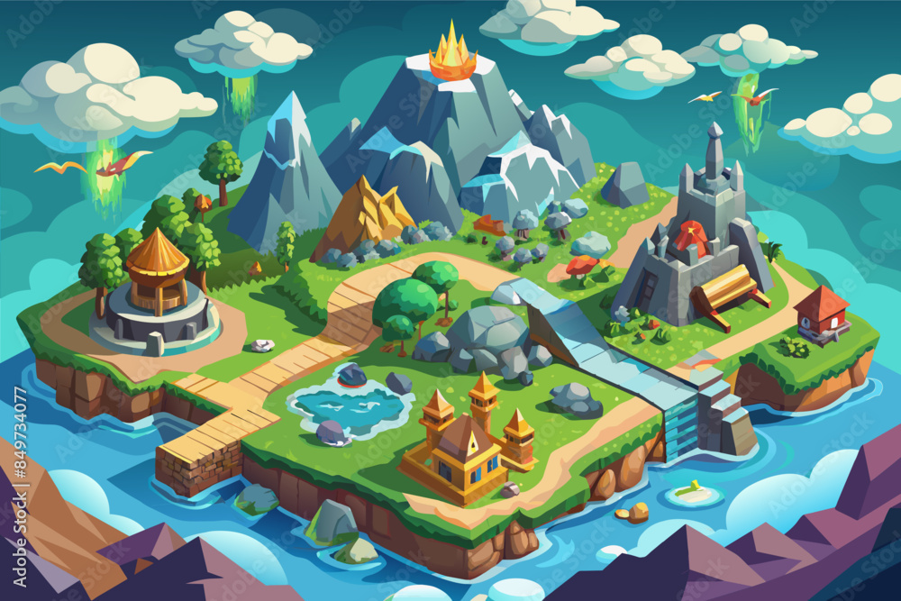 Naklejka premium a cartoon style map with a castle, a bridge, and a river, An isometric mapa fantasy world filled with diverse landscapes