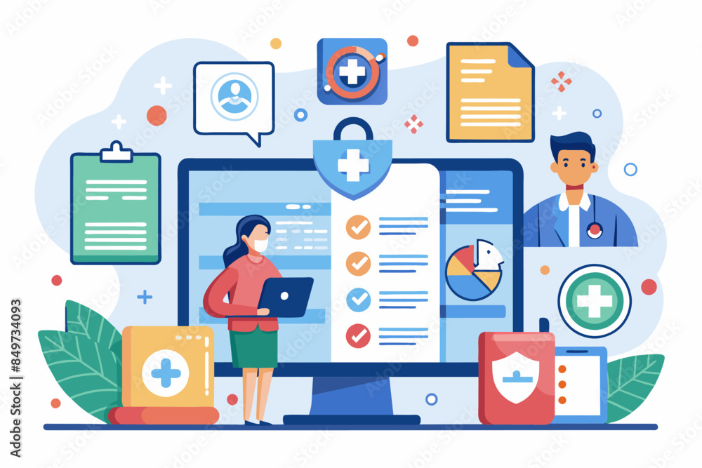 a woman standing in front of a computer with medical icons, patient-centered health record system for streamlined access to medical information a woman standing in front of a computer with medical icons, patient-centered health record system for streamlined access to medical information