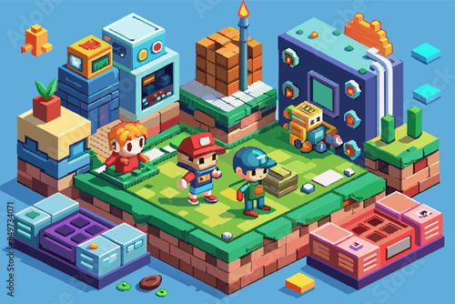 a pixel pixel game with a bunch of items, An isometric pixel art animation with retro-inspired characters