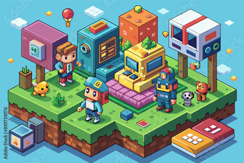 a pixel pixel game with a bunch of items, An isometric pixel art animation with retro-inspired characters