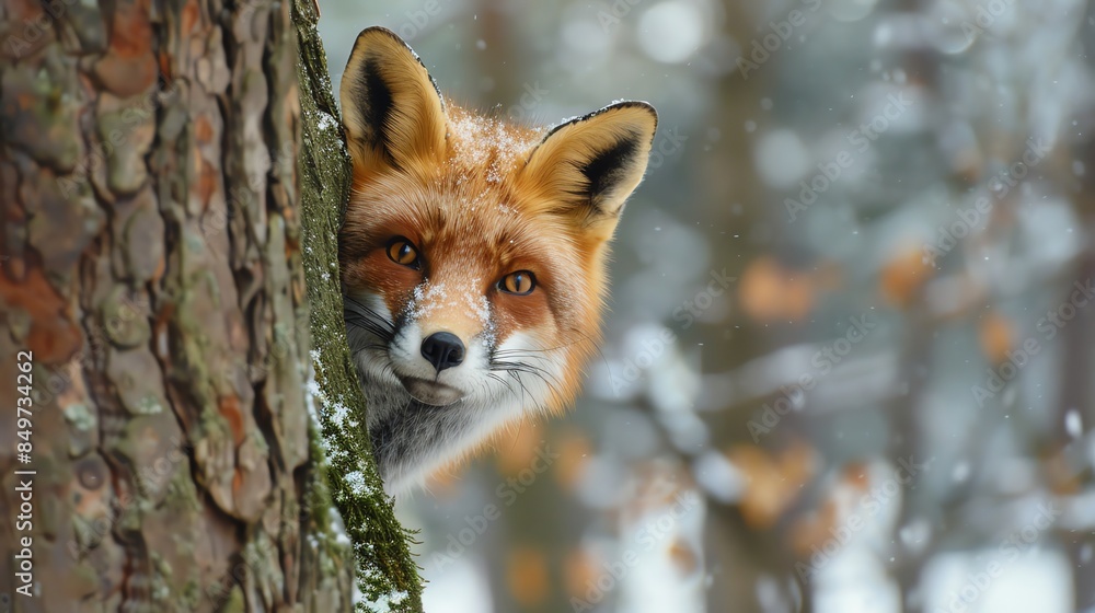 A red fox peeking out from behind a tree trunk in a snowy forest. A red fox peeking out from behind a tree trunk in a snowy forest.