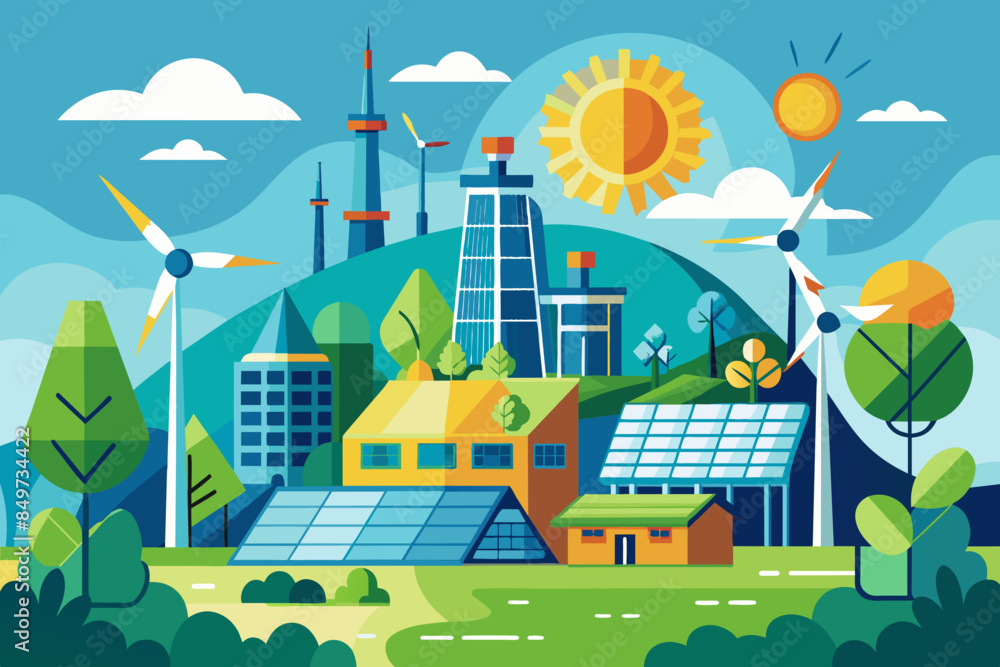 people are planting trees in the park, renewable energy project harnessing solar or wind power to reduce carbon emissions people are planting trees in the park, renewable energy project harnessing solar or wind power to reduce carbon emissions