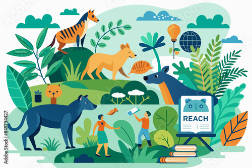 a group of people in a jungle with animals, research initiative studying animal behavior, ecology, and conservation biology to inform conservation efforts