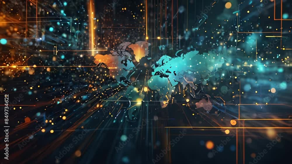 Digital Cyberspace with Particles and Digital Data Network Connections with map Earth. High Speed Connection and Data Analysis Technology Digital Abstract Background Concept. Seamless Loop. Digital Cyberspace with Particles and Digital Data Network Connections with map Earth. High Speed Connection and Data Analysis Technology Digital Abstract Background Concept. Seamless Loop.