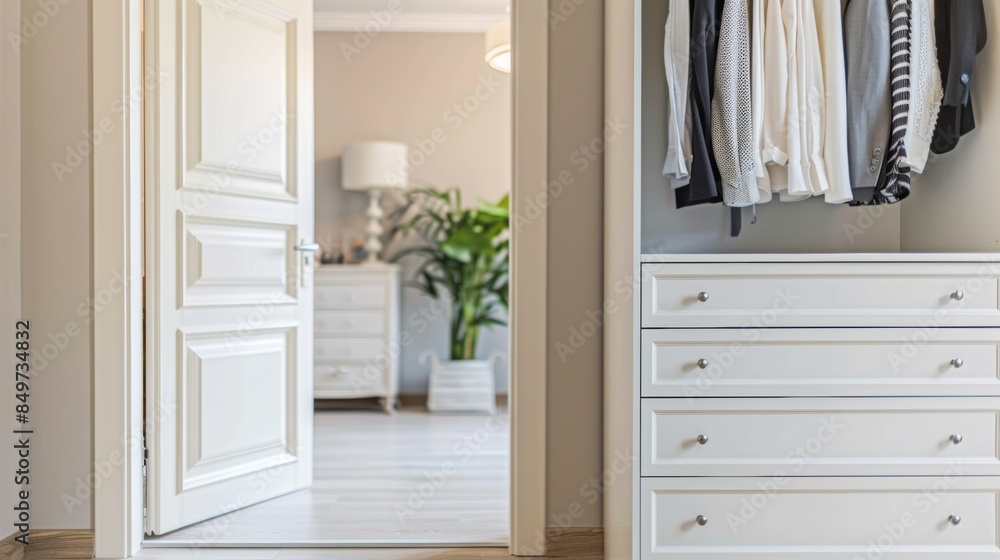A closet with a white dresser and open door, AI A closet with a white dresser and open door, AI