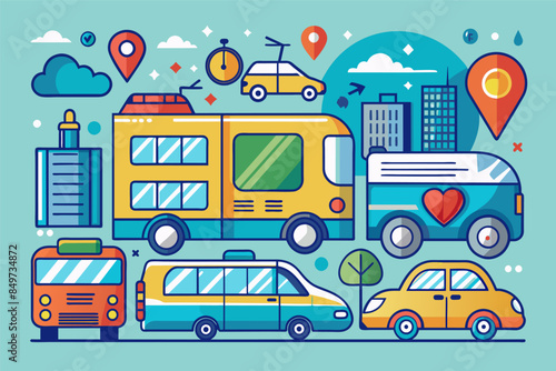 a bus, car, bus and bus on a city street, setvector icons for a transportation app, featuring cars, buses, and bicycles