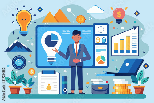 a computer screen with a mountain and a clock on it, sleek and stylish pitch deck for a startup or new business venture