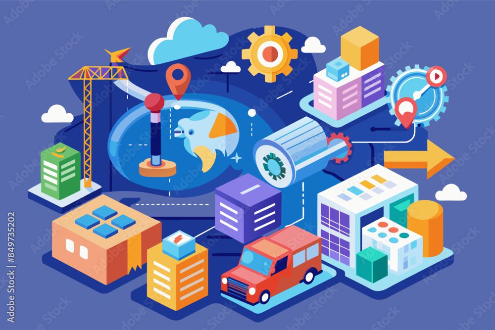 a blue background with a bunch of different items, supply chain optimization solution for streamlining operations and reducing costs a blue background with a bunch of different items, supply chain optimization solution for streamlining operations and reducing costs
