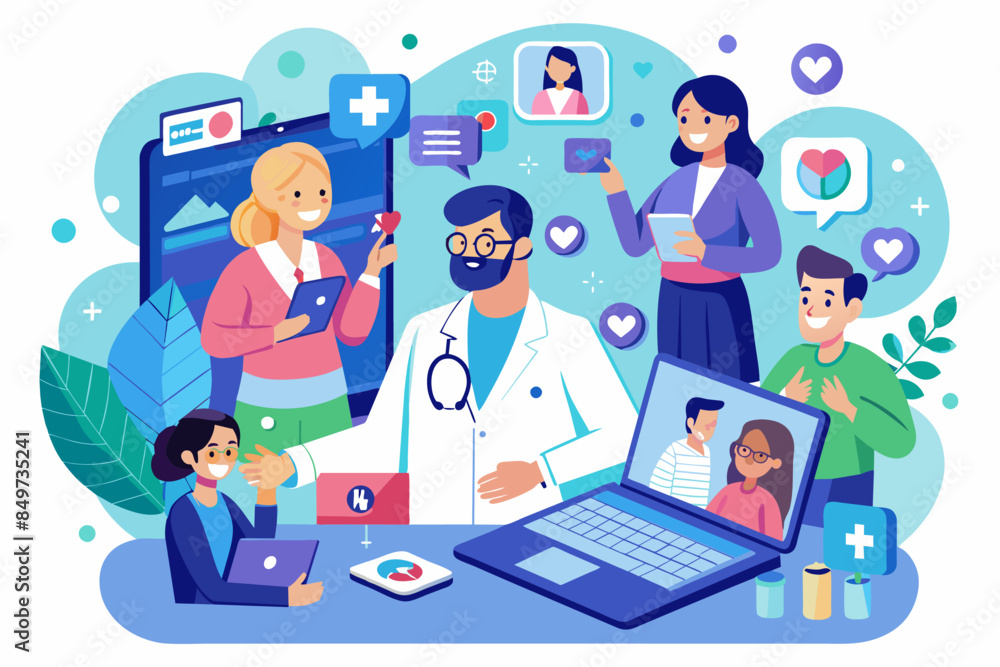a group of people are gathered around a laptop, telemedicine platform for remote consultations and virtual care services a group of people are gathered around a laptop, telemedicine platform for remote consultations and virtual care services