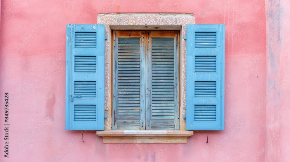Window wooden shutters on pastel pink wall background Window wooden shutters on pastel pink wall background