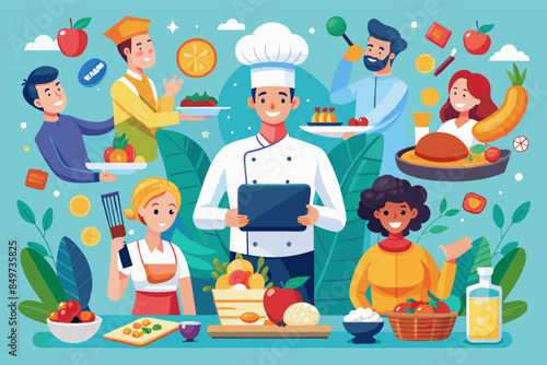 a chef with a tablet surrounded by people, virtual cooking competition series showcasing home chefs and their signature dishes