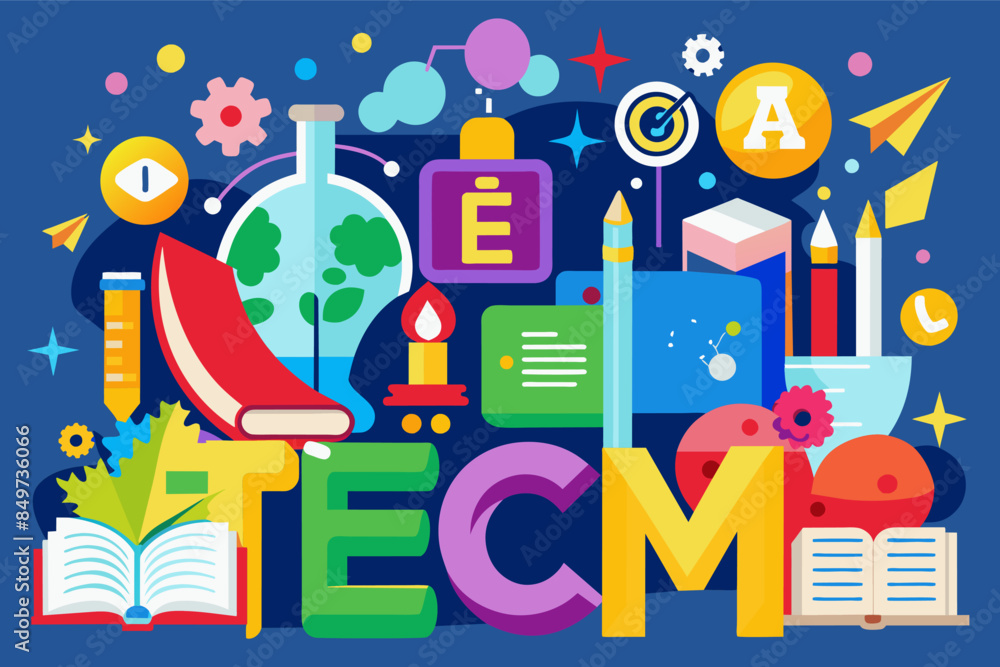 a colorful illustration of a teacher's desk with books and other school supplies, colorful educational poster to promote literacy or STEM education a colorful illustration of a teacher's desk with books and other school supplies, colorful educational poster to promote literacy or STEM education