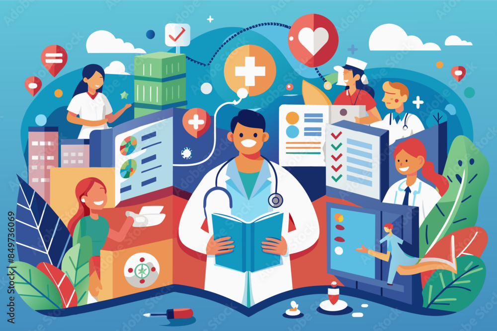 a group of people with medical equipment around them, brochure highlighting the services offered by a local healthcare provider or clinic a group of people with medical equipment around them, brochure highlighting the services offered by a local healthcare provider or clinic