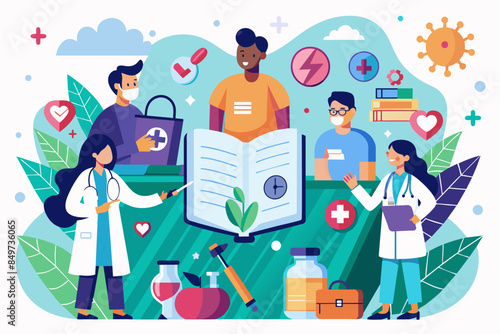 a group of people with medical equipment around them, brochure highlighting the services offered by a local healthcare provider or clinic