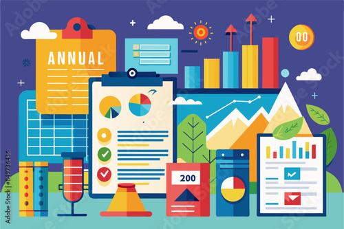 an image of a business info board with various icons, visually appealing annual report for a corporation or nonprofit organization