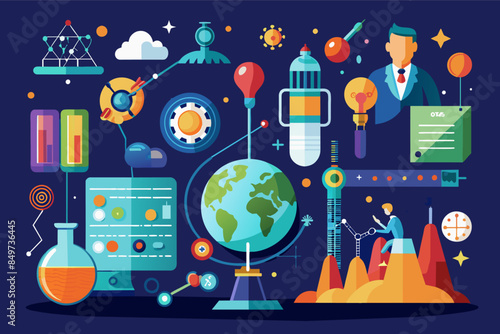 a science themed illustration with a man and a globe, visually engaging infographic to explain a scientific concept or historical event