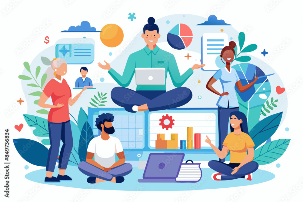 a group of people sitting around a laptop, wellness program for promoting employee health and reducing stress in the workplace a group of people sitting around a laptop, wellness program for promoting employee health and reducing stress in the workplace