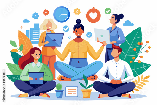 a group of people sitting around a laptop, wellness program for promoting employee health and reducing stress in the workplace