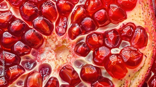 Pomegranate slice macro close-up. Fresh granate texture surface for wallpaper banner background with copyspace