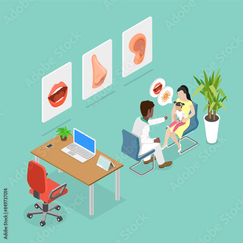 3D Isometric Flat Vector Illustration of Symptoms of a Viral Infection, Family Doctor