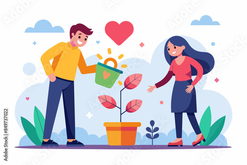 a man and woman are standing next to a plant with a heart, Introduce a new love interest who challenges the protagonist to grow and change