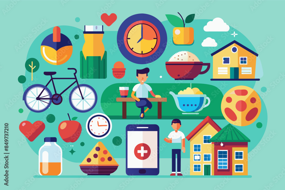 a person sitting on a bench with a clock and other things around him, seriesicons for a lifestyle app featuring different aspectsdaily life a person sitting on a bench with a clock and other things around him, seriesicons for a lifestyle app featuring different aspectsdaily life