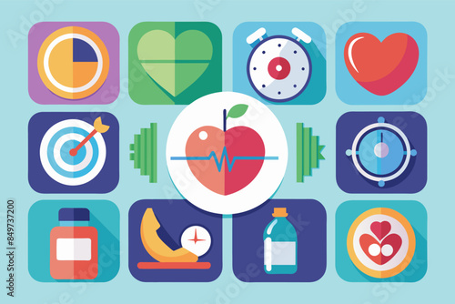 a poster with a variety of health related items, seriesicons for a health app representing different aspectswellness
