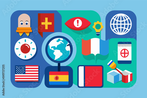 a poster with a bunch of different icons, seriesicons for a language learning app featuring flags and language symbols