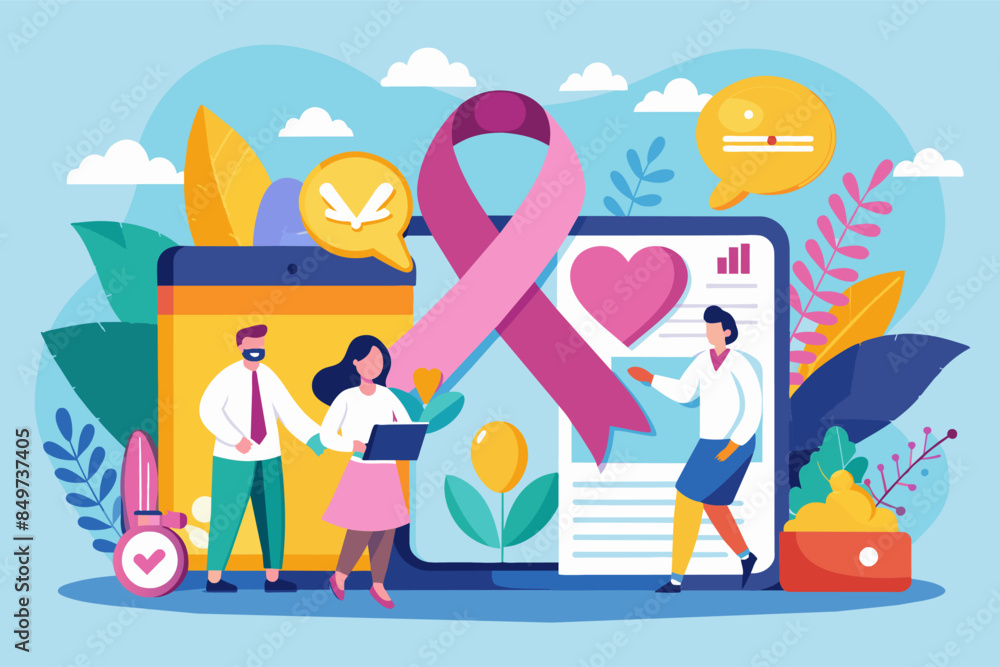 a group of people with a pink ribbon and a phone, social media campaign to raise awareness about important health issues in the community a group of people with a pink ribbon and a phone, social media campaign to raise awareness about important health issues in the community
